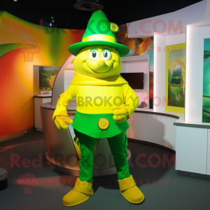 Lemon Yellow Leprechaun Hat mascot costume character dressed with a Turtleneck and Belts