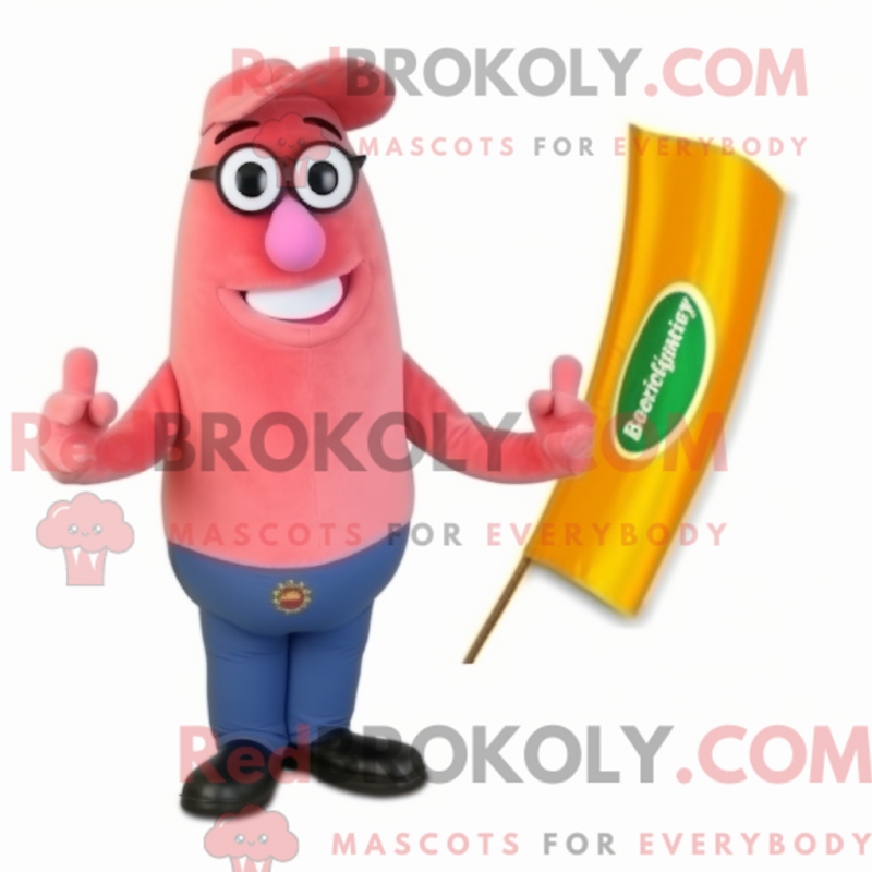 Fantasia de mascote de currywurst rosa com jeans e óculos - Mascotes Currywurst - REBROKO_372402 - RedBrokoly.com