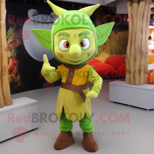 Olive Elf mascot costume character dressed with a Vest and Cummerbunds