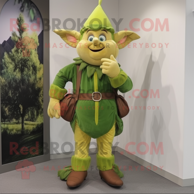 Olive Elf mascot costume character dressed with a Vest and Cummerbunds