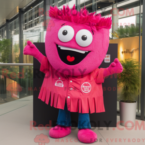 Maskotfigur af en magenta...