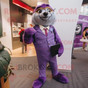 Purple Sloth mascot costume character dressed with a Suit Pants and Earrings