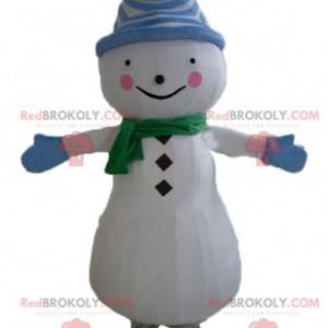 Mascotte de bonhomme de neige avec un bonnet et une écharpe -