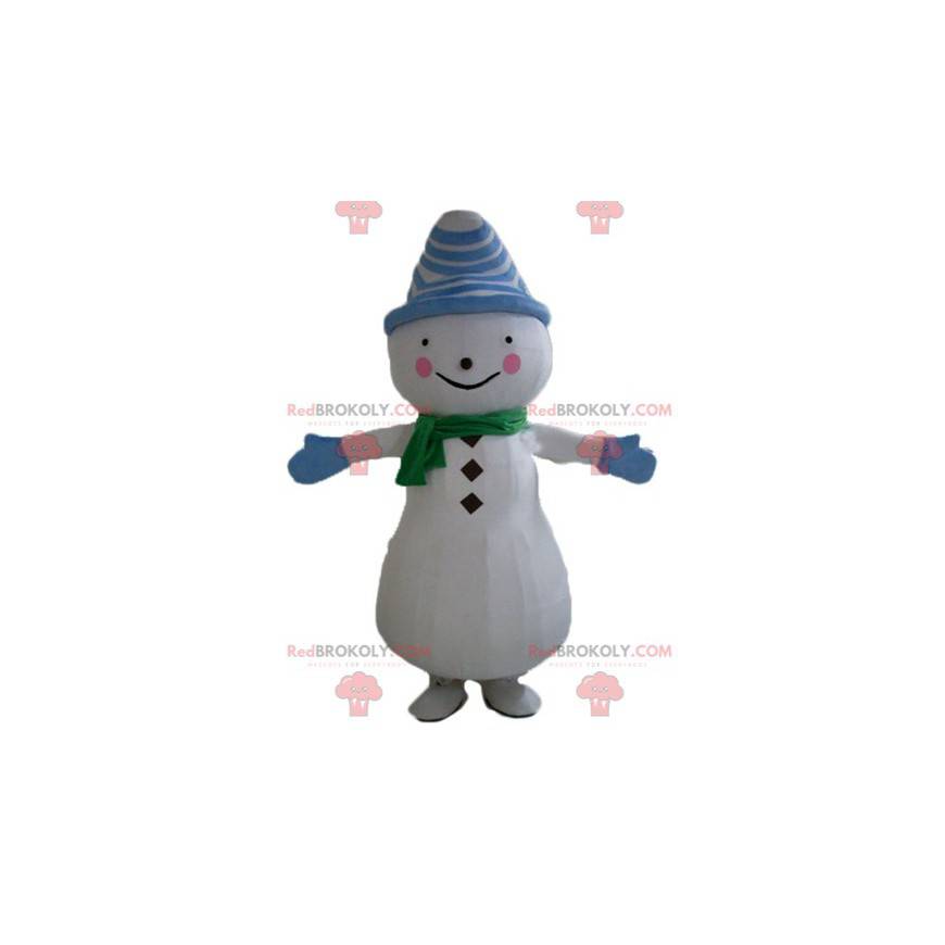 Mascotte de bonhomme de neige avec un bonnet et une écharpe -