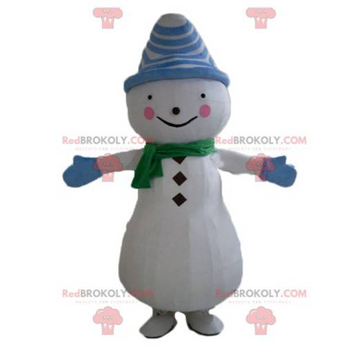 Mascota de muñeco de nieve con sombrero y bufanda -