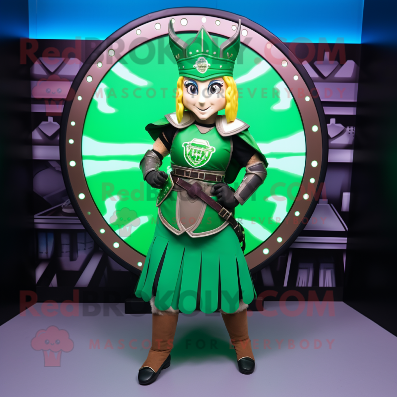 Green Celtic Shield mascot costume character dressed with a Mini Dress and Gloves Green Celtic Shield mascot costume character dressed with a Mini Dress and Gloves