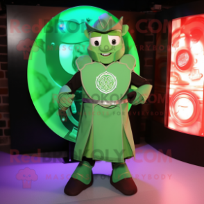 Green Celtic Shield mascot costume character dressed with a Mini Dress and Gloves