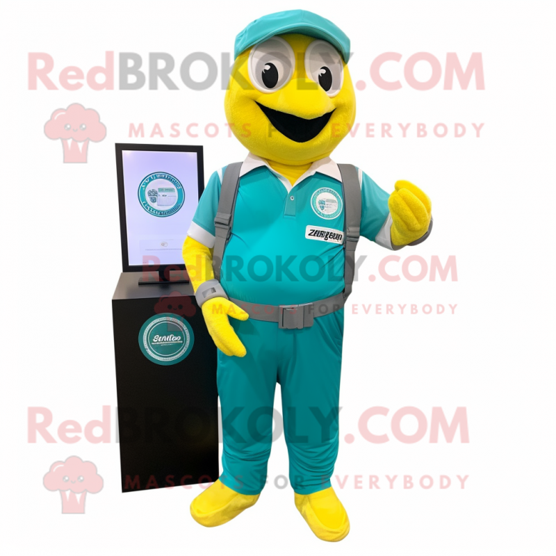 Teal Lemon mascot costume character dressed with a Cargo Pants and Digital watches Teal Lemon mascot costume character dressed with a Cargo Pants and Digital watches