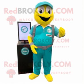 Teal Lemon mascot costume character dressed with a Cargo Pants and Digital watches