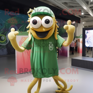 Olive Fried Calamari mascot costume character dressed with a Polo Shirt and Hairpins