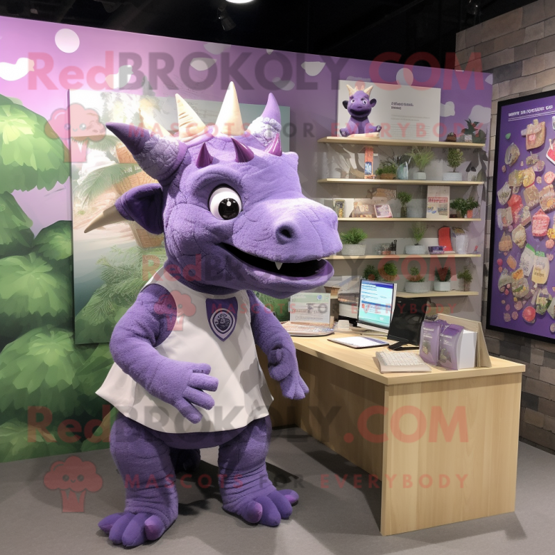 Lavender Triceratops mascot costume character dressed with a Polo Shirt and Hair clips