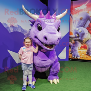 Lavender Triceratops mascot costume character dressed with a Polo Shirt and Hair clips