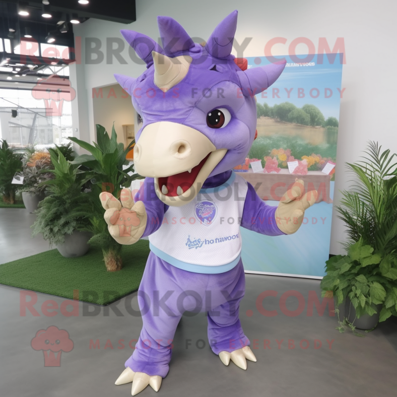 Lavender Triceratops mascot costume character dressed with a Polo Shirt and Hair clips Lavender Triceratops mascot costume character dressed with a Polo Shirt and Hair clips