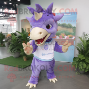 Lavender Triceratops mascot costume character dressed with a Polo Shirt and Hair clips