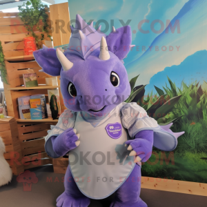 Lavender Triceratops mascot costume character dressed with a Polo Shirt and Hair clips