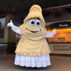 Cream Paella mascot costume character dressed with a Pleated Skirt and Shawl pins