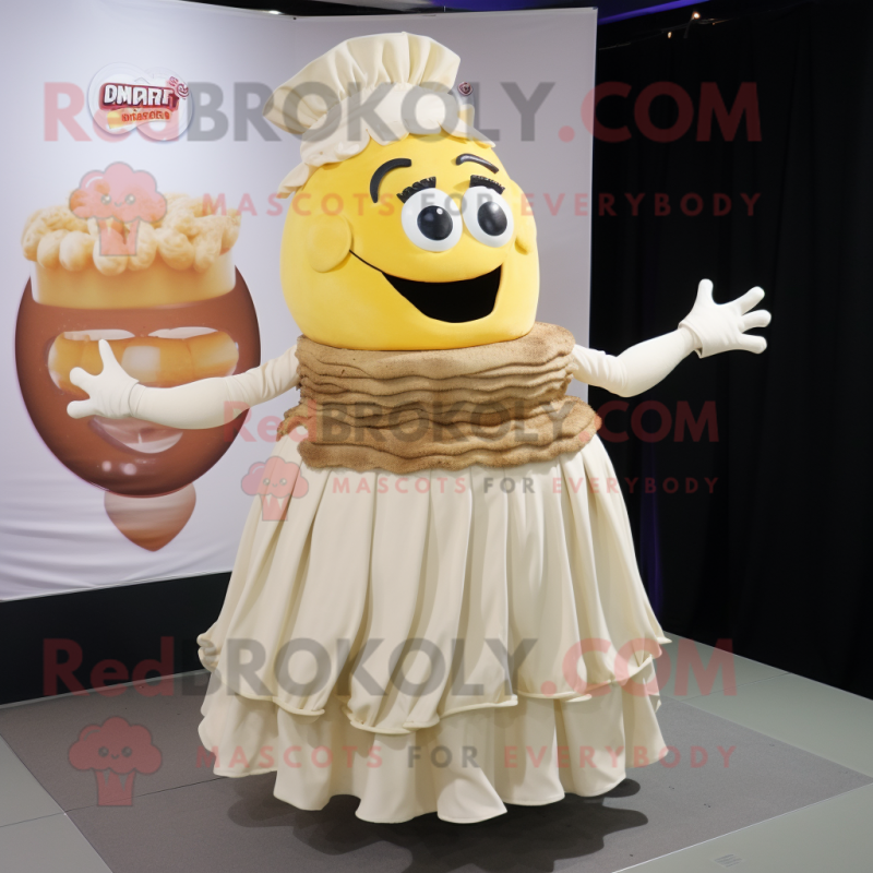 Cream Paella mascot costume character dressed with a Pleated Skirt and Shawl pins Cream Paella mascot costume character dressed with a Pleated Skirt and Shawl pins