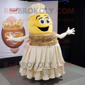 Cream Paella mascot costume character dressed with a Pleated Skirt and Shawl pins