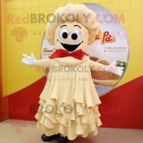 Cream Paella mascot costume character dressed with a Pleated Skirt and Shawl pins