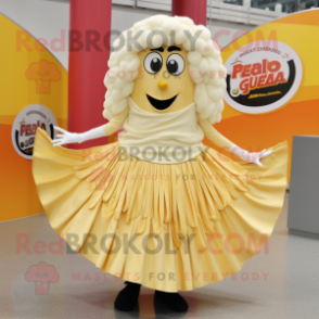 Cream Paella mascot costume character dressed with a Pleated Skirt and Shawl pins