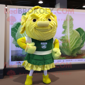 Yellow Cabbage mascot costume character dressed with a Rugby Shirt and Scarf clips