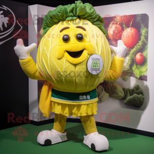Yellow Cabbage mascot costume character dressed with a Rugby Shirt and Scarf clips