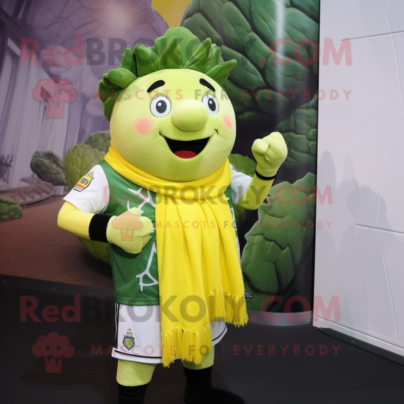 Yellow Cabbage mascot costume character dressed with a Rugby Shirt and Scarf clips