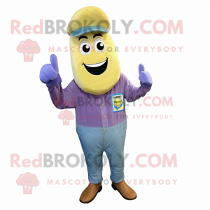 Lavender Banana mascot costume character dressed with a Denim Shirt and Wraps