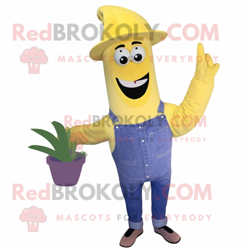 Lavender Banana mascot costume character dressed with a Denim Shirt and Wraps