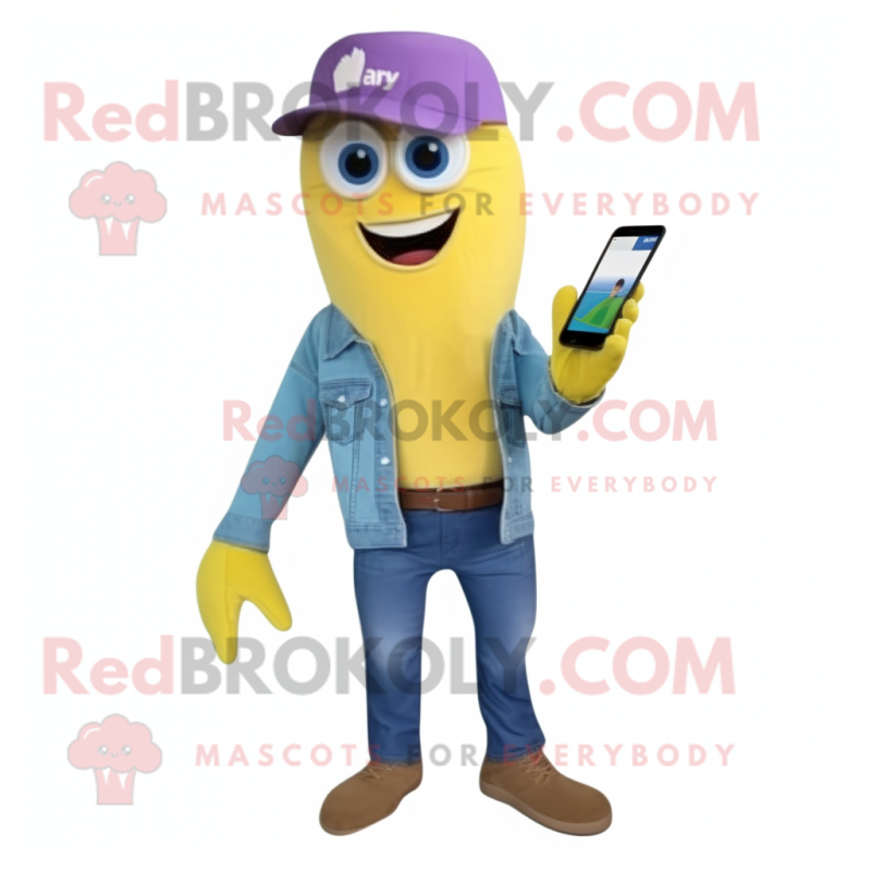 Lavender Banana mascot costume character dressed with a Denim Shirt and Wraps