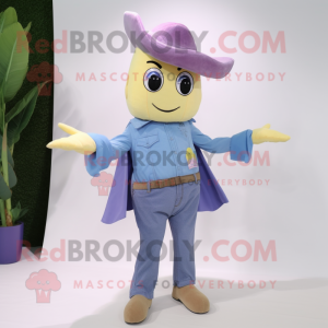 Lavender Banana mascot costume character dressed with a Denim Shirt and Wraps