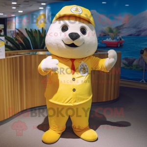 Yellow Seal mascot costume character dressed with a Button-Up Shirt and Caps