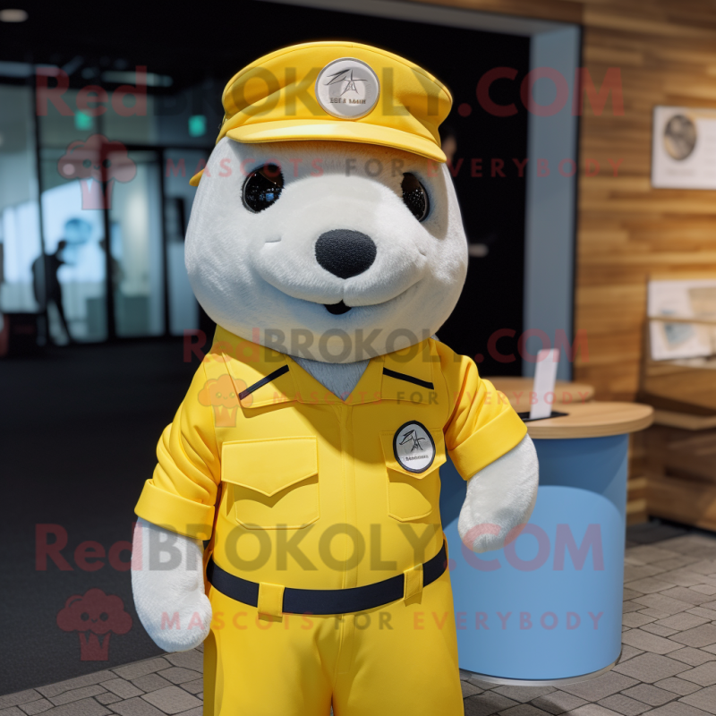 Yellow Seal mascot costume character dressed with a Button-Up Shirt and Caps