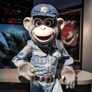Gray Monkey mascot costume character dressed with a Denim Shirt and Berets
