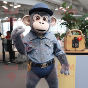 Gray Monkey mascot costume character dressed with a Denim Shirt and Berets