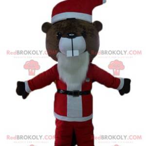 Braunes Bibermaskottchen im Weihnachtsmann-Outfit -