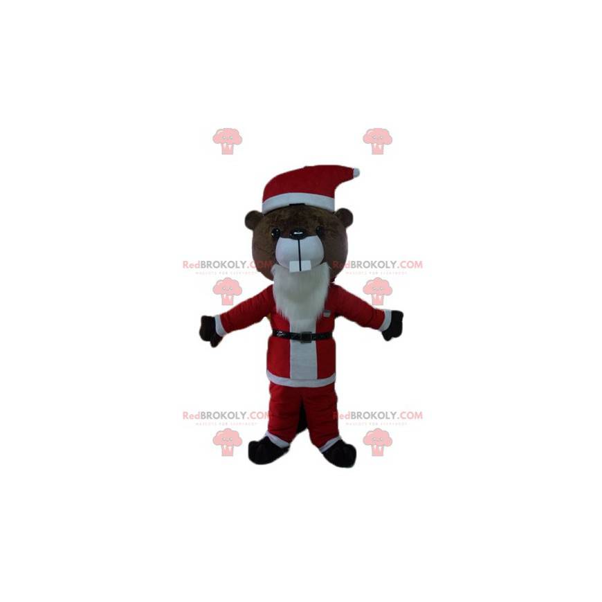 Braunes Bibermaskottchen im Weihnachtsmann-Outfit -