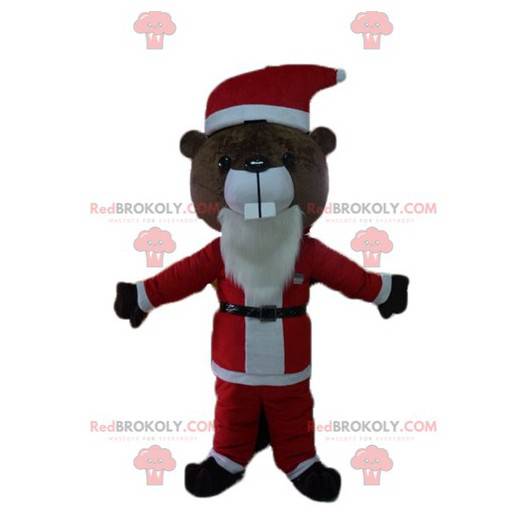 Braunes Bibermaskottchen im Weihnachtsmann-Outfit -