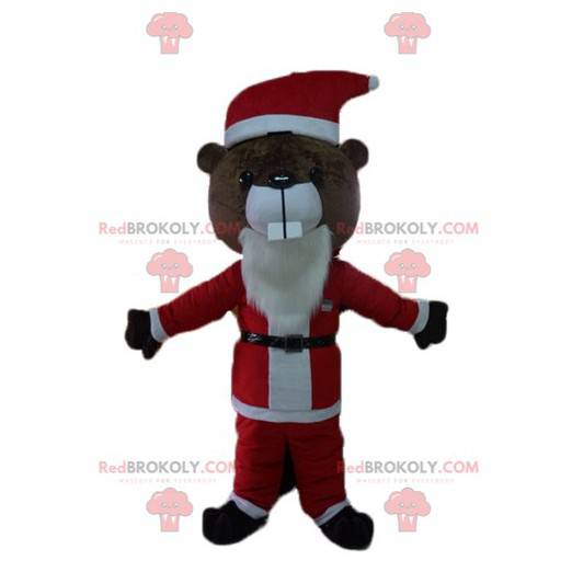 Mascota de castor marrón en traje de Santa Claus -