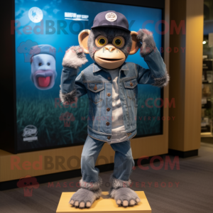 Gray Monkey mascot costume character dressed with a Denim Shirt and Berets