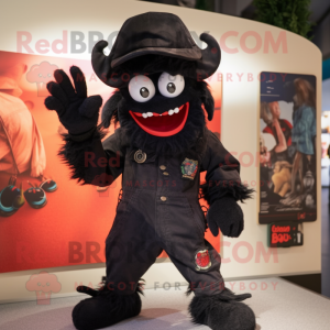 Black Demon mascot costume character dressed with a Dungarees and Berets