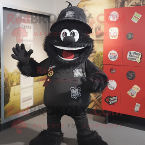 Black Demon mascot costume character dressed with a Dungarees and Berets