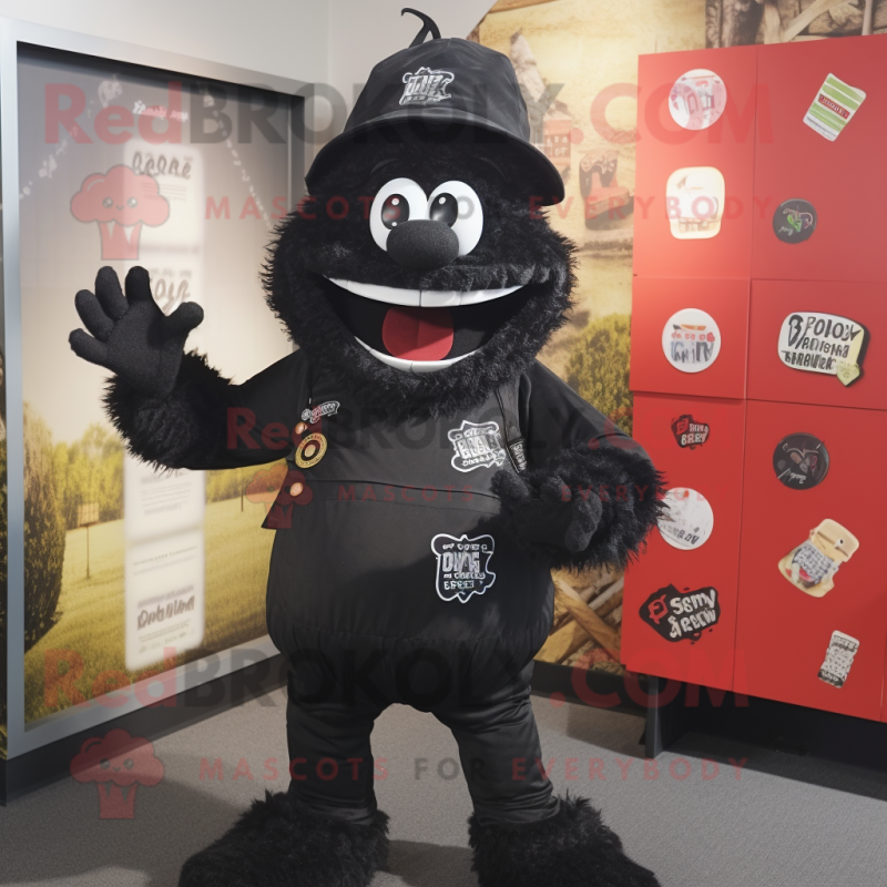 Black Demon mascot costume character dressed with a Dungarees and Berets Black Demon mascot costume character dressed with a Dungarees and Berets