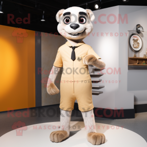 Cream Meerkat mascot costume character dressed with a Suit and Belts