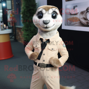 Cream Meerkat mascot costume character dressed with a Suit and Belts