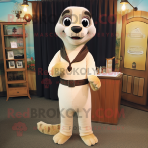 Cream Meerkat mascot costume character dressed with a Suit and Belts