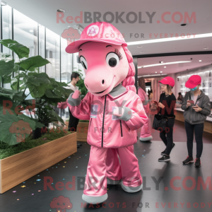 Maskotkarakter av en rosa...