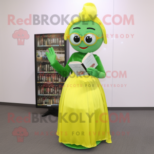 Forest Green Lemon mascot costume character dressed with a Evening Gown and Reading glasses