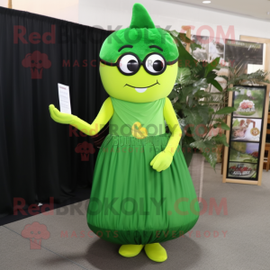 Forest Green Lemon mascot costume character dressed with a Evening Gown and Reading glasses