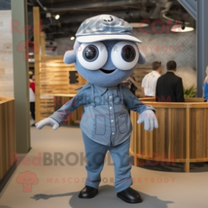 Silver Cyclops mascot costume character dressed with a Chambray Shirt and Headbands